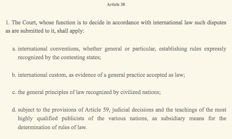 Article of the Statute of the International Court of Justice, listing the sources of international law.